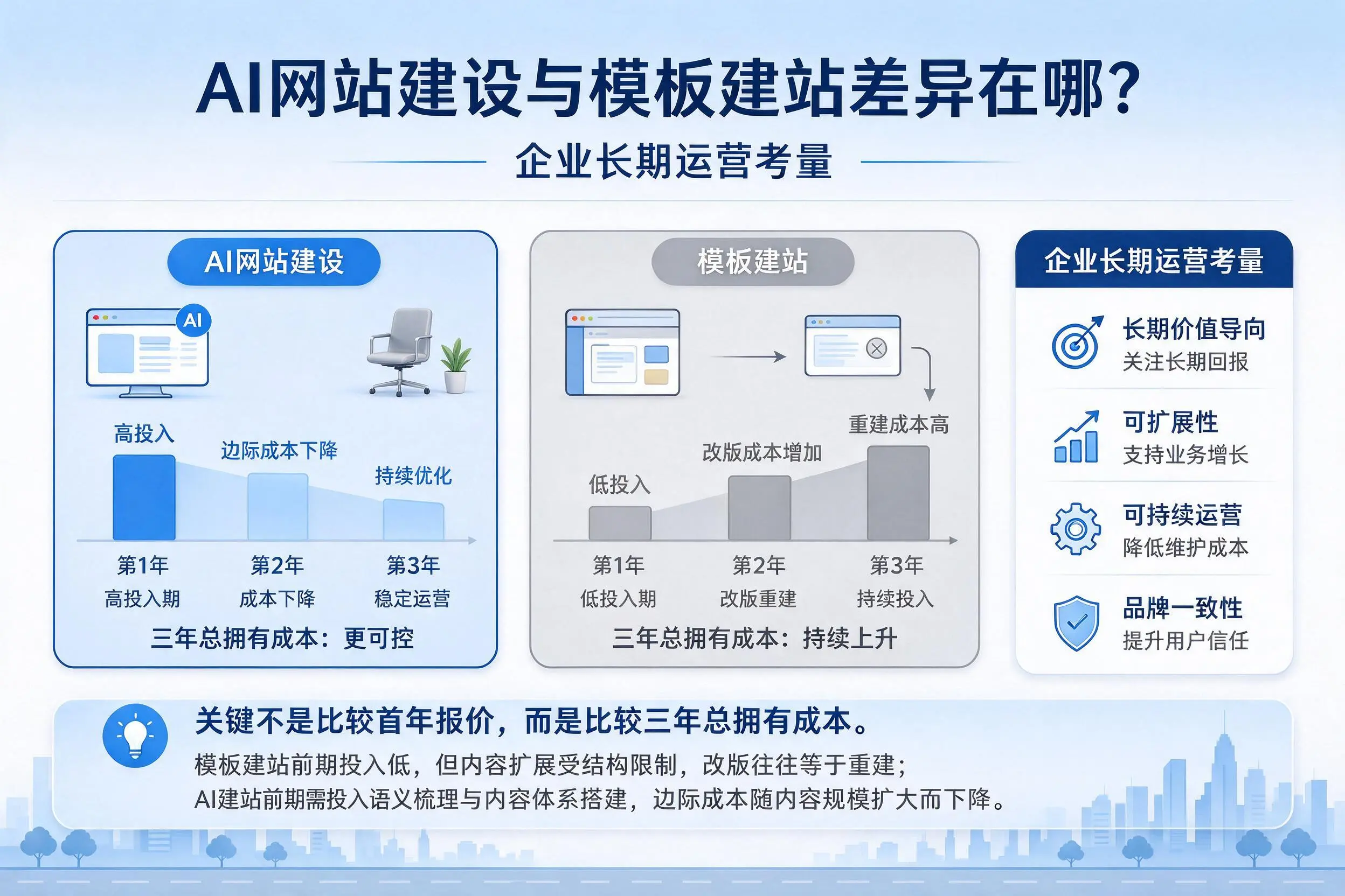AI网站建设与模板建站差异在哪？和田企业长期运营考量